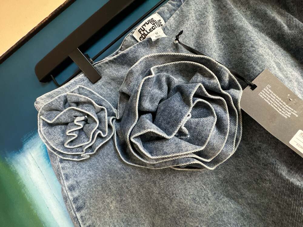 Future Collective Acid Wash Denim Mini Skirt with Floral Appliques - Picture 5 of 8